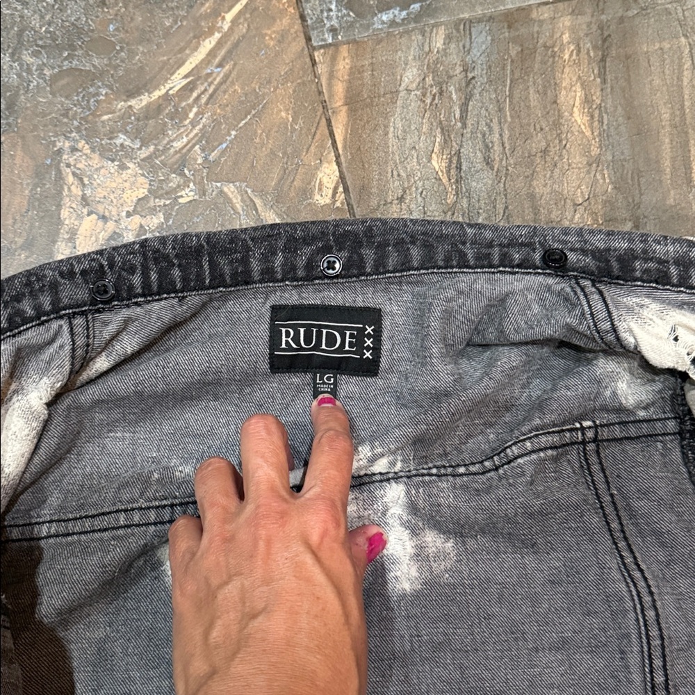 XXX Rude Grey & Black Distressed Bleached Denim Jacket size LG - Picture 5 of 15